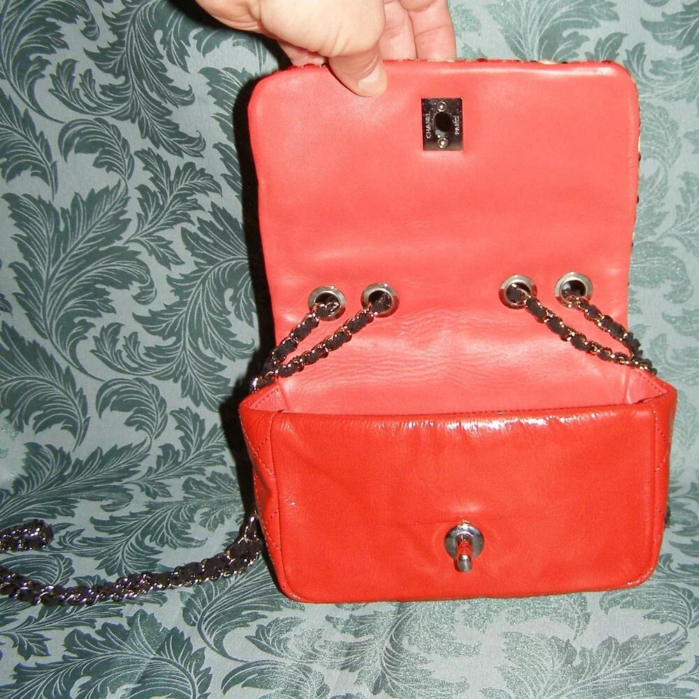 RARE Chanel Red Mini Patent Leather Woven Stitch Tweed Flap Bag